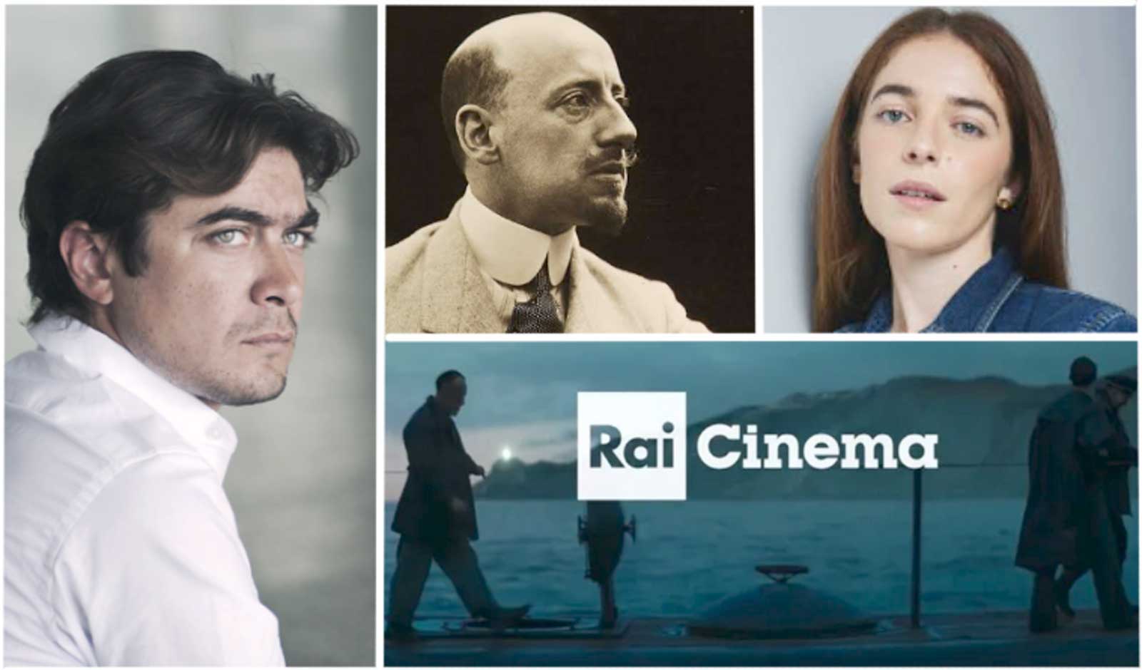 Da sinistra Riccardo Scamarcio, Gabriele D'Annunzio e Valentina Romani, sotto il logo di Cinema Rai