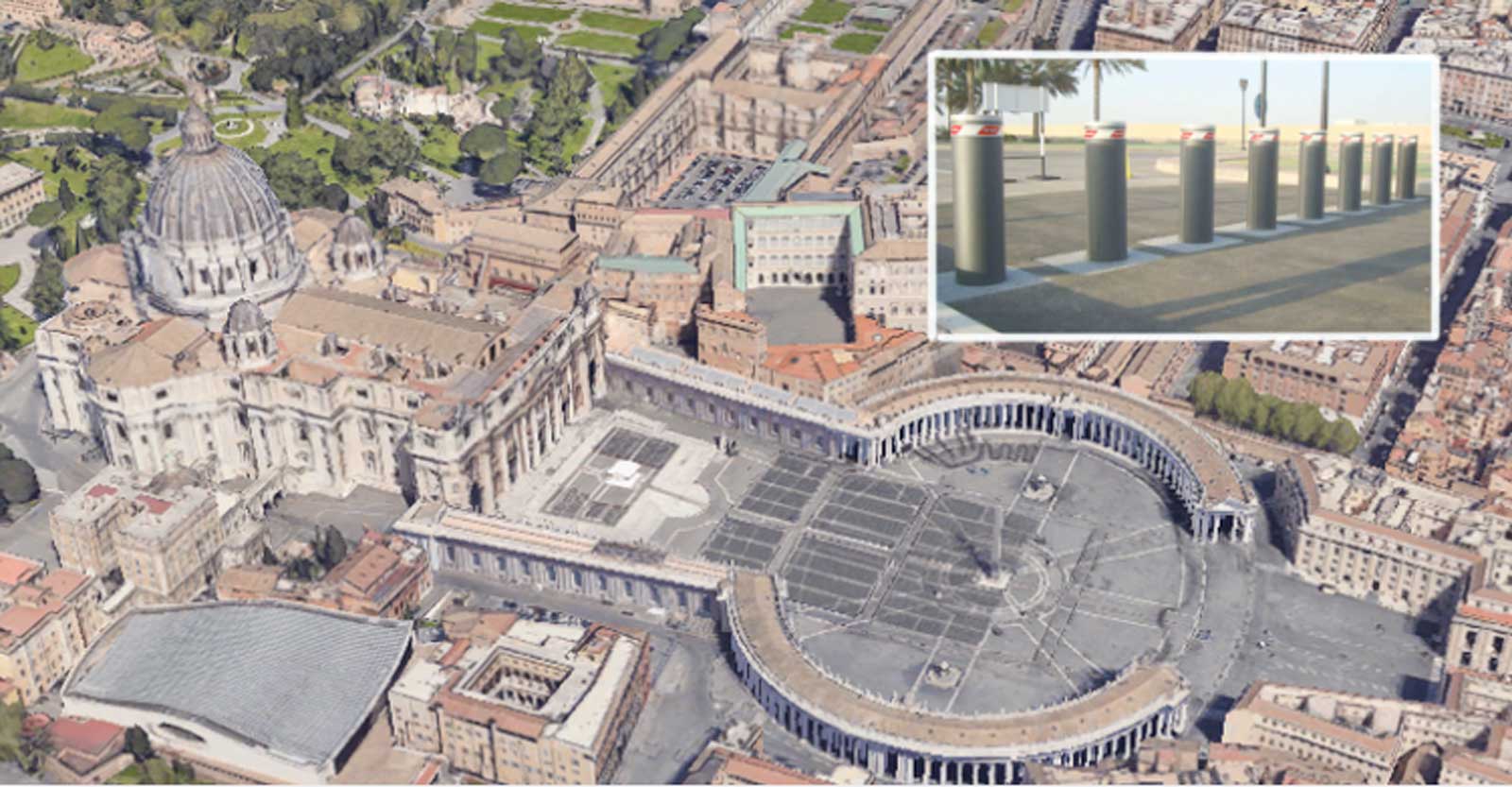 Roma, l'area attorno al Vaticano interessata dai nuovi pilomat che diventerà quindi a transito limitato. Foto Google Heart elaborata in 3D con ausilio AI