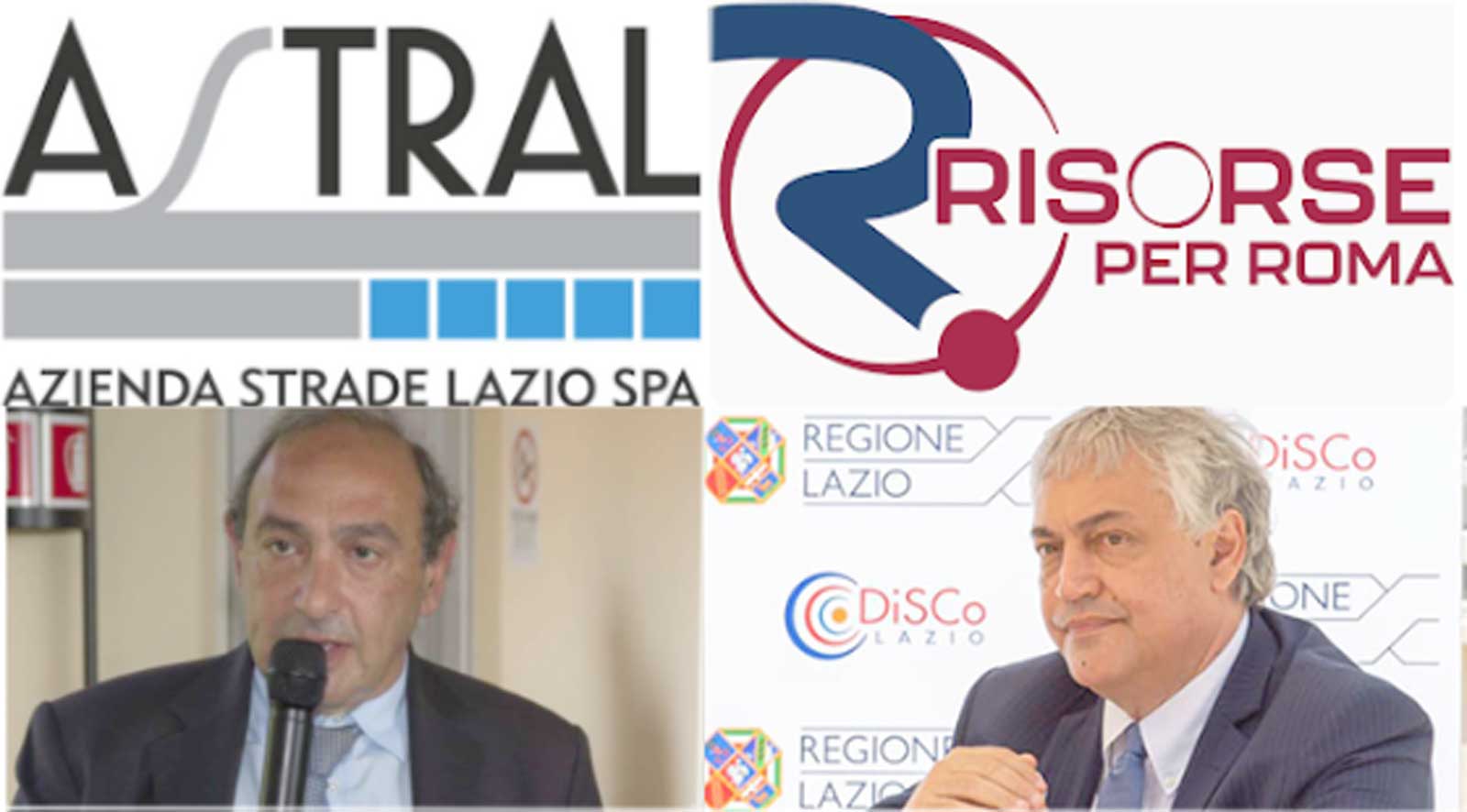 Da sinistra, in alto, in senso antiorario, il logo della società pubblica Astral della regione Lazio, il logo di Risorse per Roma, soetà capitolina, Paolo Orneli, Ad di Risorse per Roma, Antonio Mallamo, Ad di Astral