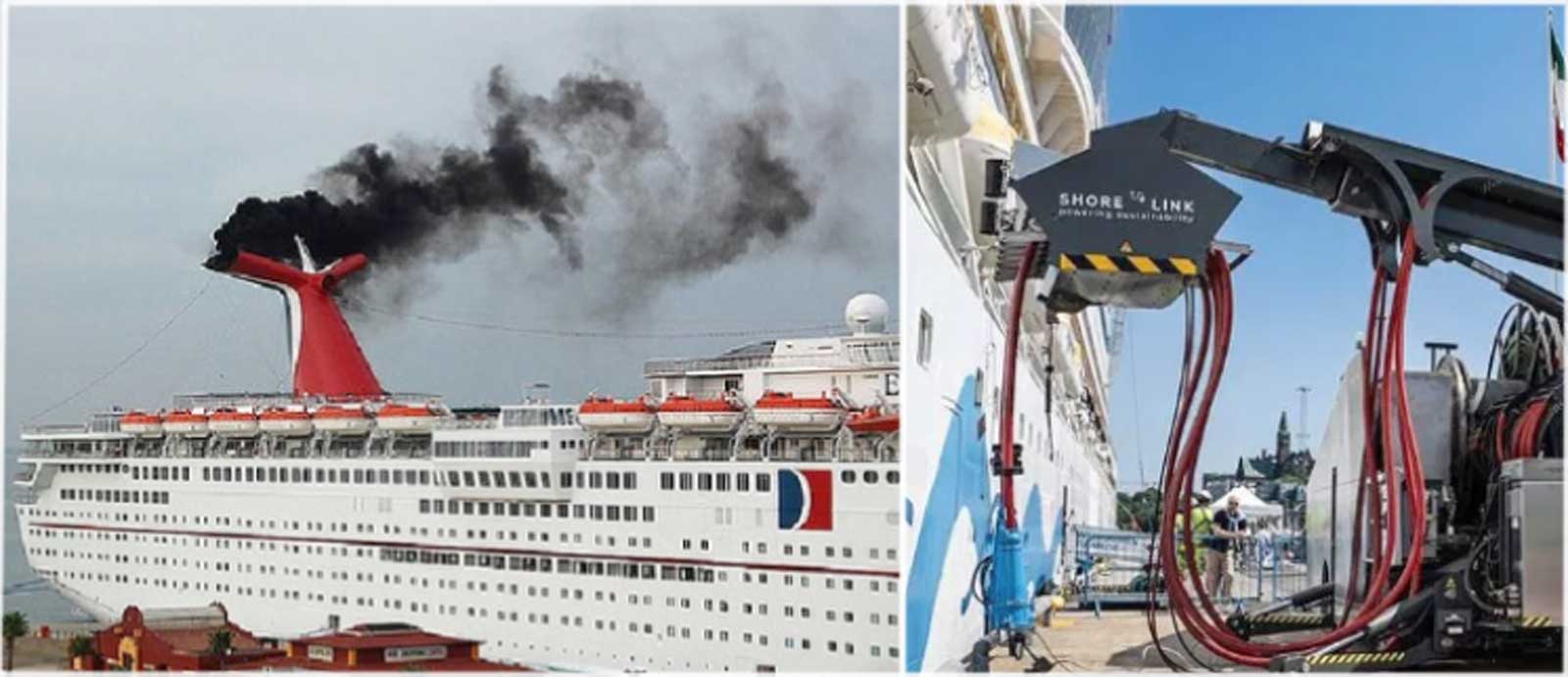 Civitavecchia, a sinistra una nave, a destra un classico sistema di Cold Ironing