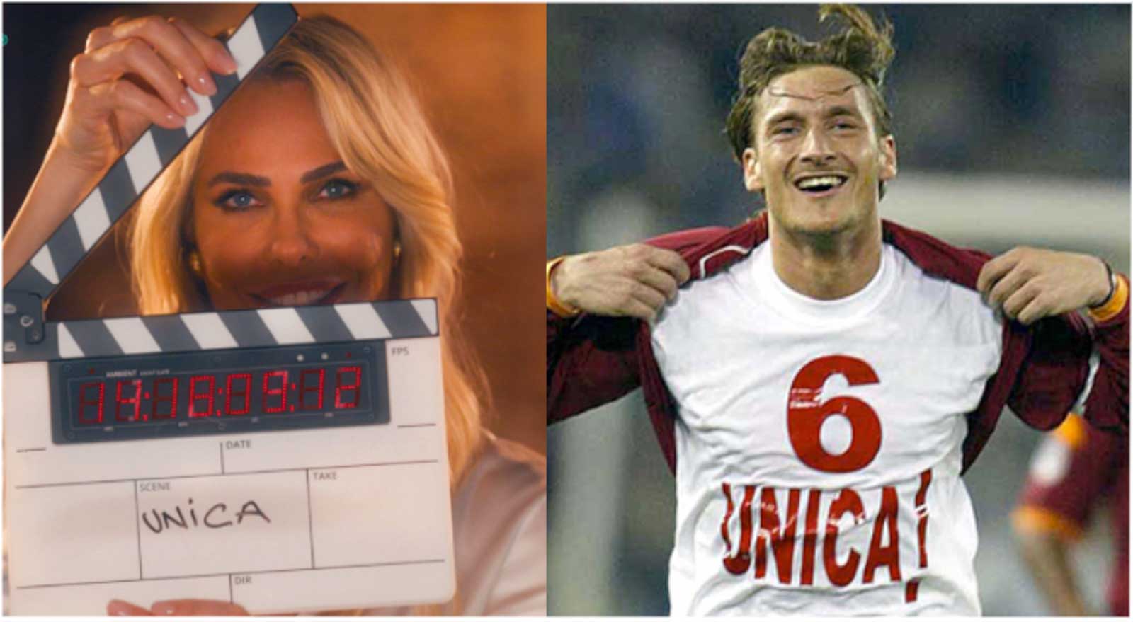 Da sinistra Ilary Blasi sul set di Unica 2 e Francesco Totti, ai tempi in cui era il capitano della as Roma e indossò per la prima volta la maglia con la scritta dedicata alla futura moglie