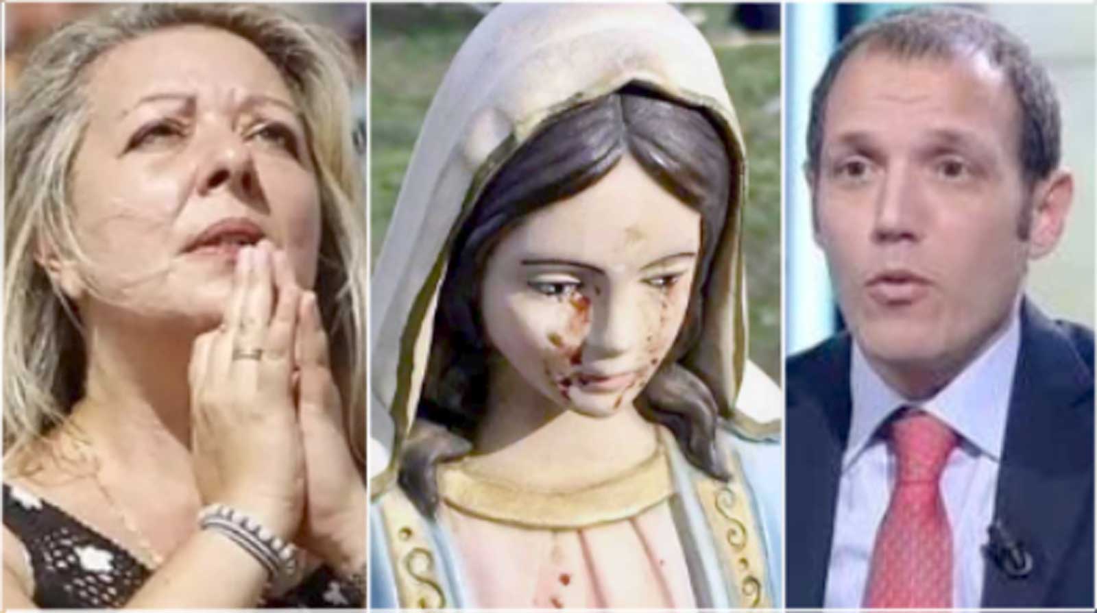 Da sinistra, la veggente, la statua della Madonna e il genetista dell'Università di Roma Tor vergata