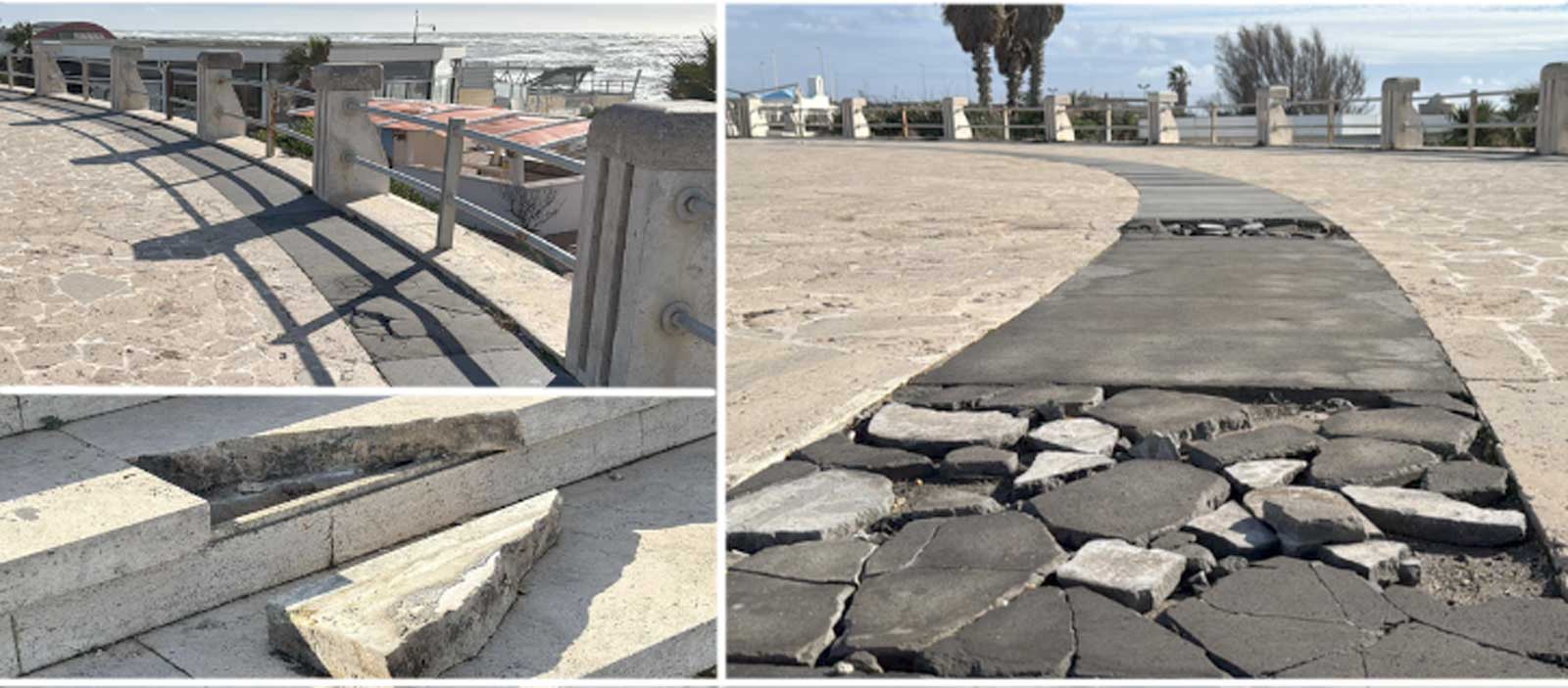 Ostia, piazzale Cristoforo Colombo a pezzi dopo la ultima mareggiata