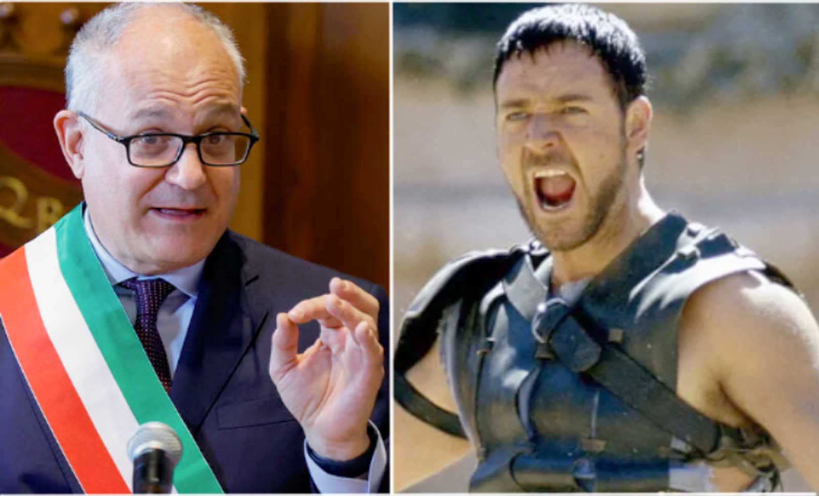 A sinistra, il sindaco di Roma, Roberto Gualtieri, a destra Russell Crowe, nel film il Gladiatore