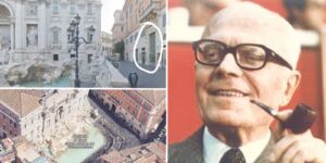 Da sinistra in senso orario, cerchiato in bianco il portone di ingresso di casa di Sandro Pertini e moglie, davanti Fontana di Trevi, a destra Sandro Pertini, infine l'area della Fontana di Trevi a Roma visto dall'alto