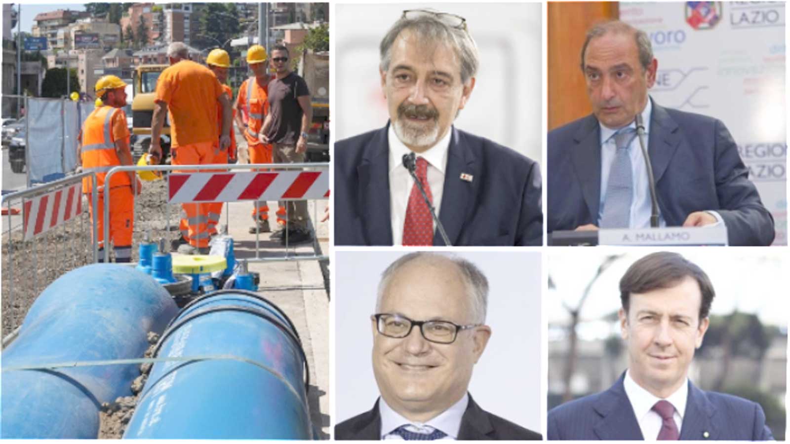 Roma, a sinistra un cantiere Acea, a destra il Governatore Francesco Rocca, Antonio Mallamo, Amministratore di Astral, l'Ad di Acea Giuseppe Palermo