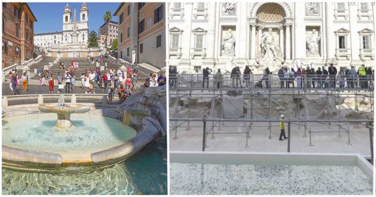 A sinistra, la Barcaccia di piazza di Spagna, a destra Fontana di Trevi