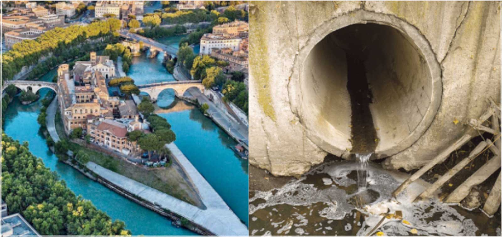 ROma, a sinistra l'isola Tiberina vista dall'alto, un tipico scarico fognario