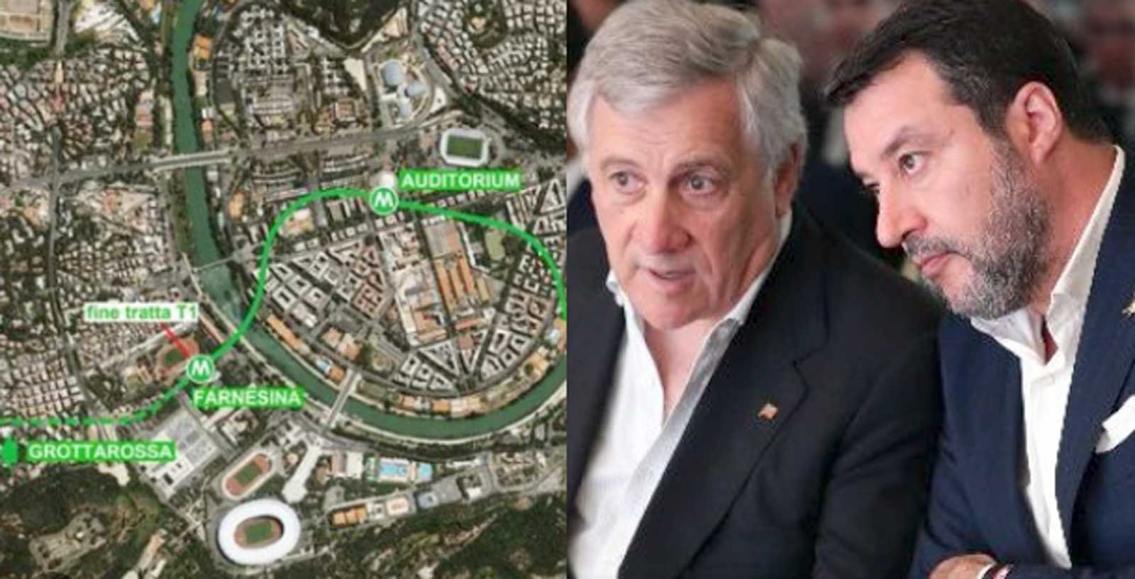 A sinistra, la mappa del prolungamento della metro C di Roma fino a Farnesina, a destra i viceministri Tajani e Salvini