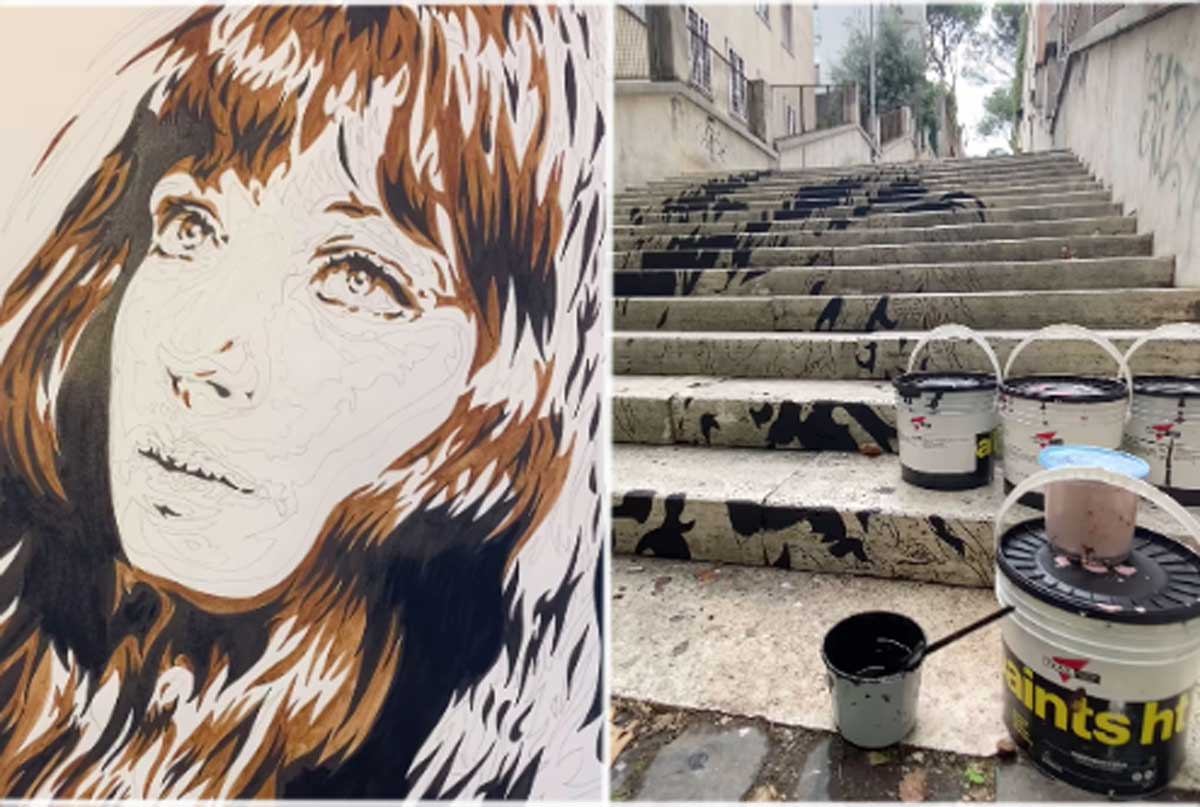 A sinistra, il ritratto di Monica Vitti, a destra la scalinata dei Parioli su cui lo stanno realizzando