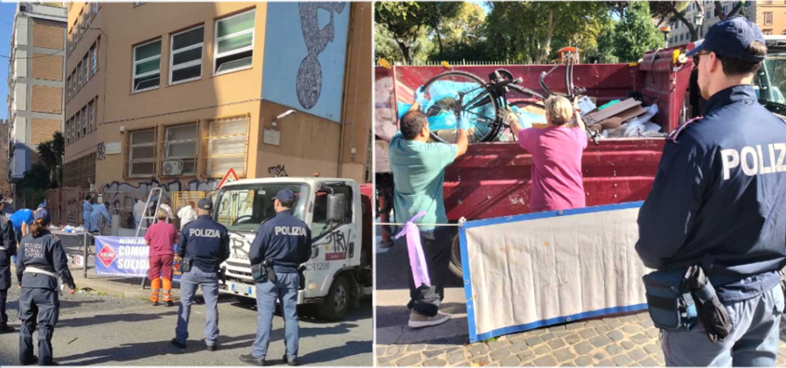 Roma, un collage di due foto della poulizia dei volontari e poliziotti fuori una scuola di San lorenzo