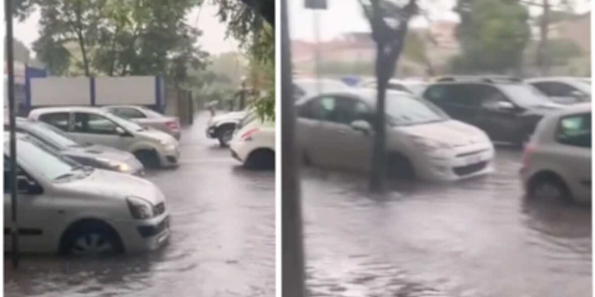 Due immagini di Ostia sommersa dall'acqua in mattinata