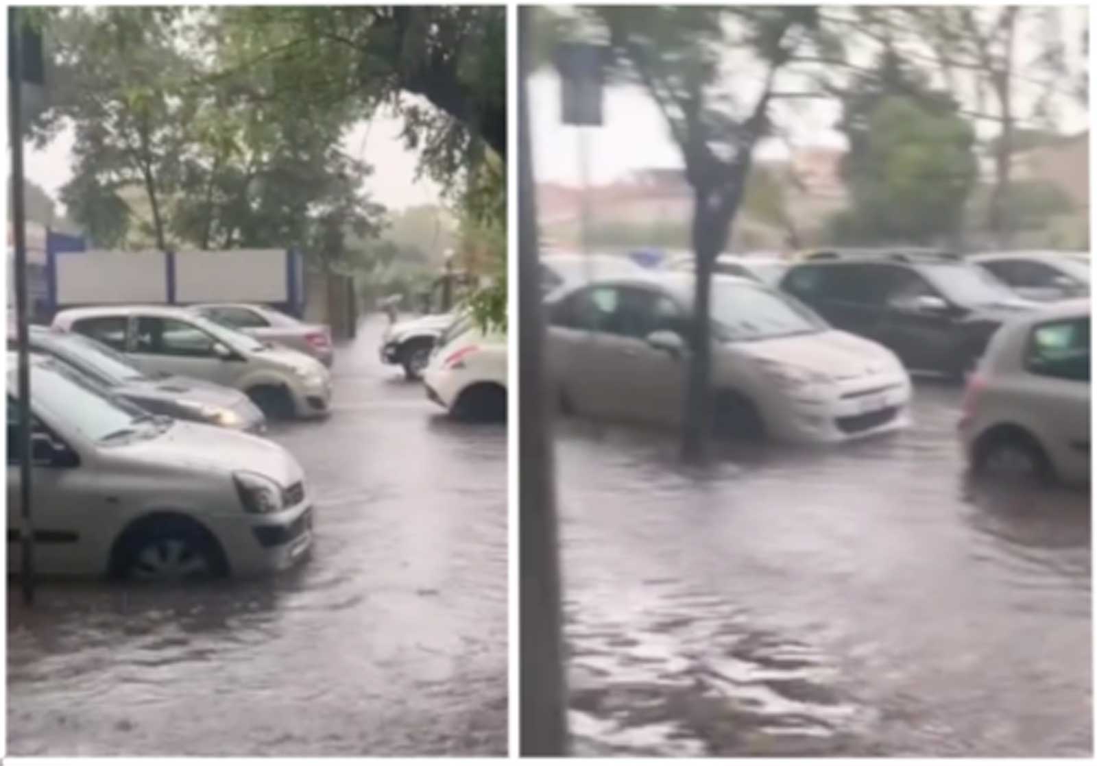 Due immagini di Ostia sommersa dall'acqua in mattinata