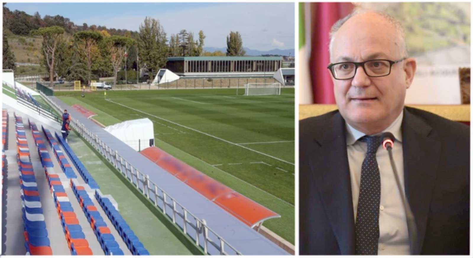 Da destra, il sindaco di Roma, Roberto Gualtieri, un campo sportivo da calcio attivo nella città di Roma