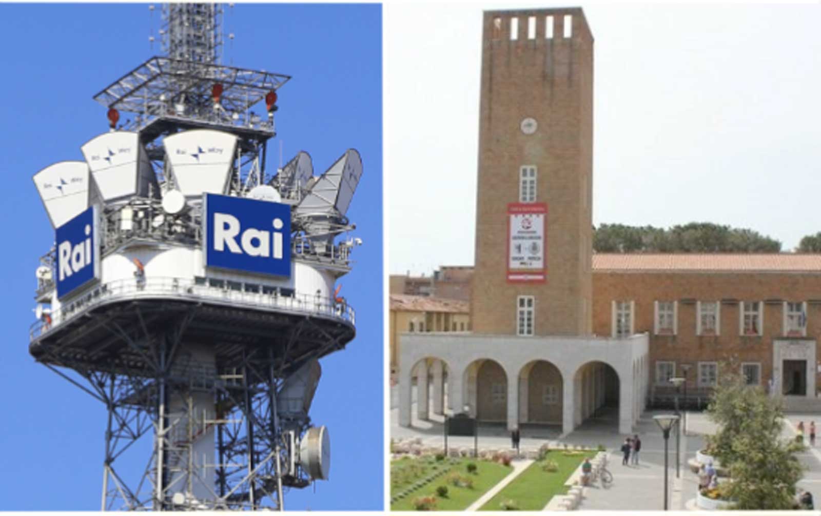 Da sinistra, l'antenna Rai e il comune di Pomezia