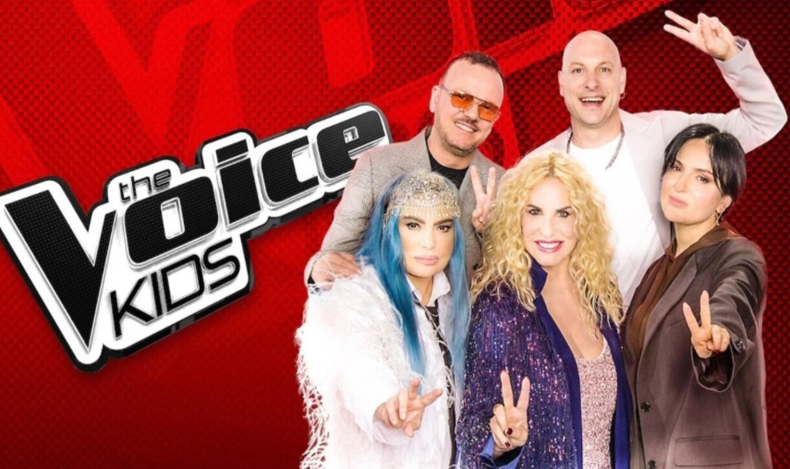 Antonella Clerici e i giudici a The Voice Kids nel corso delle Blind