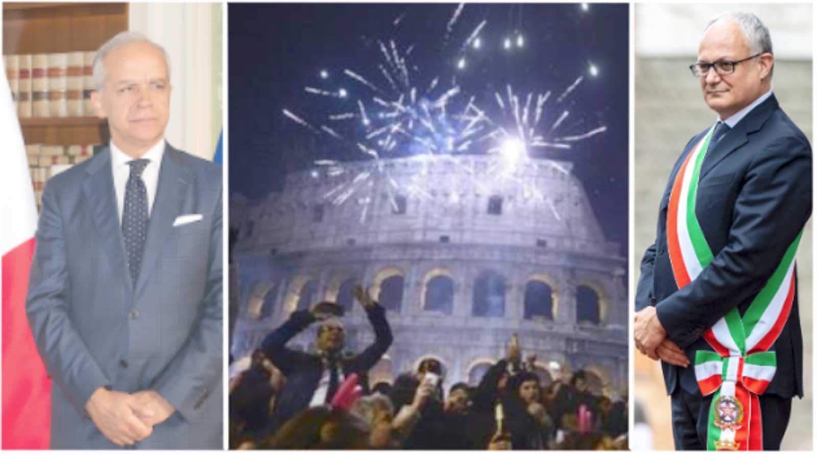 Da sinistra, il ministro Piantedosi, il Colosseo nel recente Capodanno, il sindaco di Roma Gualtieri