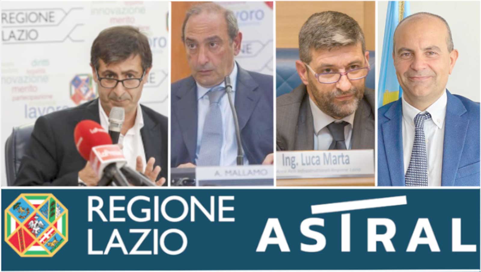 Da sinistra, Massimiliano Valeriani, presidente della Commissione Trasparenza Lazio, Antonio Mallamo, Amministratore Astral, Luca Marta e Paolo Alfarone