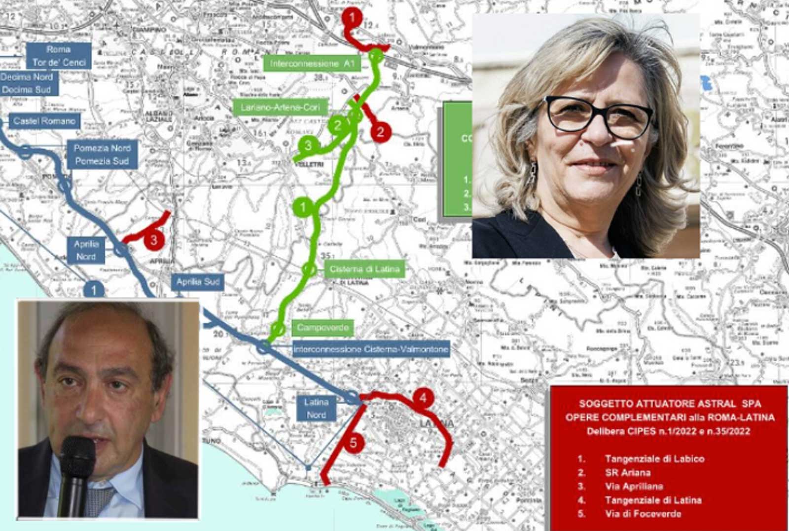 La mappa delle due autostrade Roma-Latina e Cisterna-Valmontone, con le foto dell'assessore della Giunta Rocca Rinaldi e dell'Amministratore di Astral Antonio Mallamo che è anche Commissario delle due opere