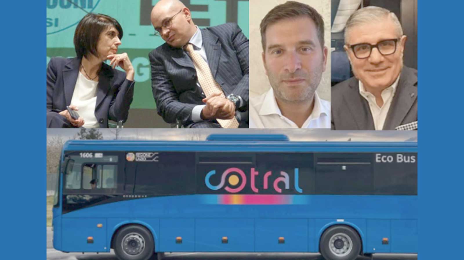 Da sinistra, Roberta Angelilli con l'avvocato Francesco Petrocchi, nuovo 'controllore' di Cotral, l'Amministratore di Cotral Manolo Cipolla, il Direttore generale di Cotral, sotto, un bus Cotral