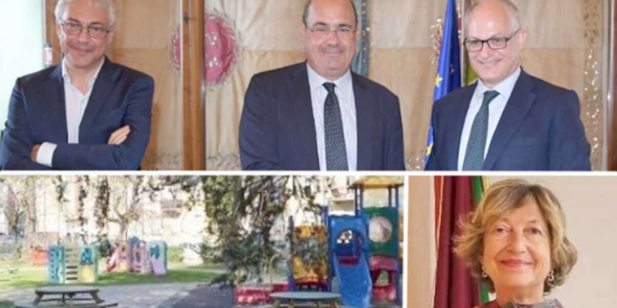 Da sinistra, Paolo Orneli, Nicola Zingaretti e Roberto Gualtieri, in basso un giardino di una scuola del IX Municipio e la mini-sindaco Titti di Salvo