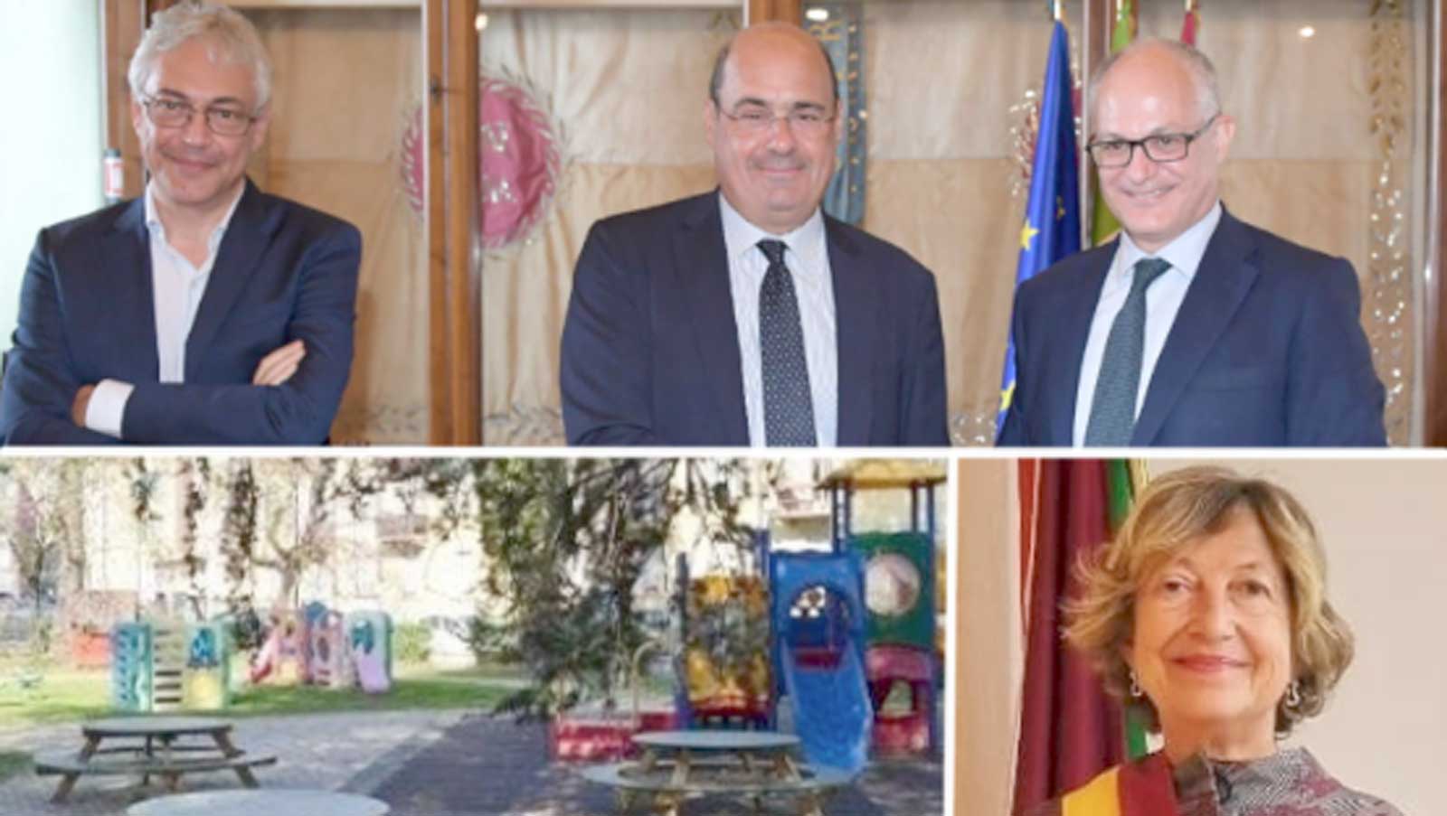 Da sinistra, Paolo Orneli, Nicola Zingaretti e Roberto Gualtieri, in basso un giardino di una scuola del IX Municipio e la mini-sindaco Titti di Salvo