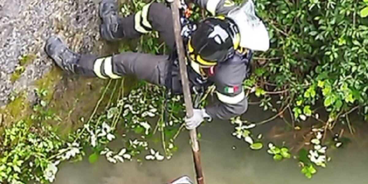 Roma, vigile del fuoco impegnato a recuperare un monopattino