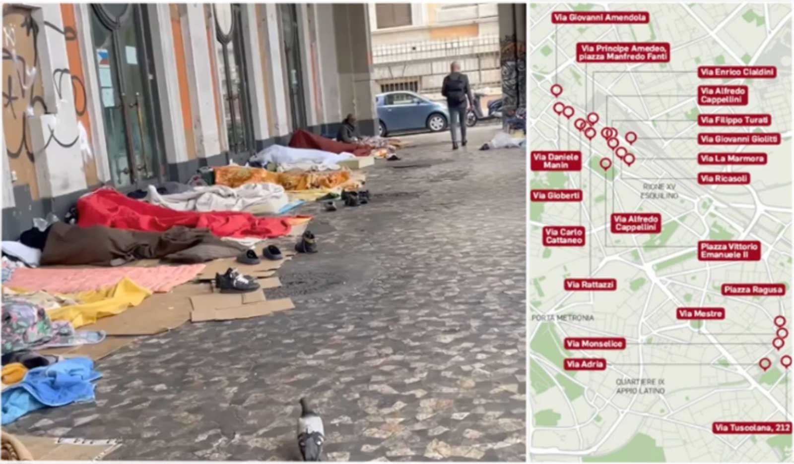 A sinistra, Roma, piazza Vittorio, a destra la mappa delle nuove 19 zone rosse