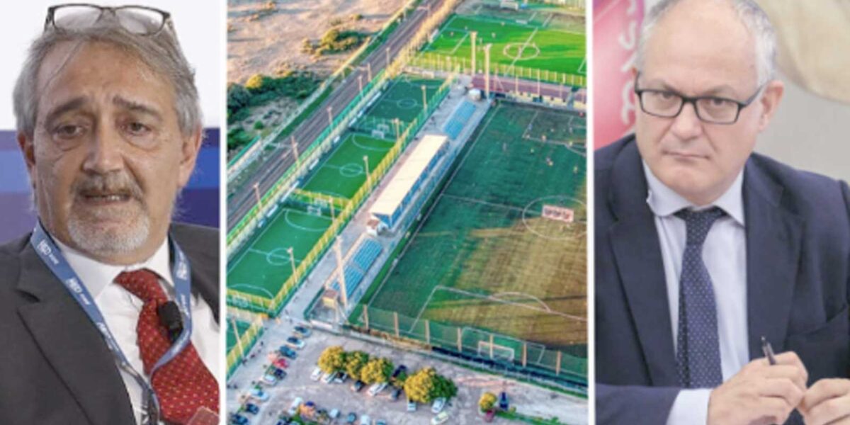 Da sinistra, il Governatore del Lazio, Francesco Rocca, lo stadio Anco Marzio di Ostia, il sindaco di Roma Roberto Gualtieri