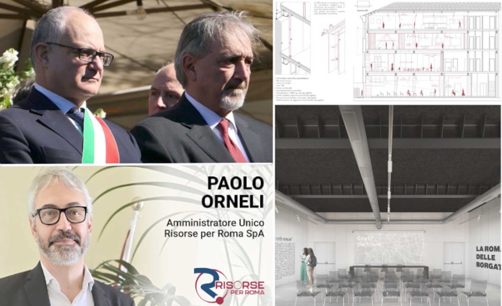 Da destra, in senso orario, il sindaco di Roma Gualtieri con il governatore del Lazio Rocca, il progetto del nuovo Urban Center di Roma di viale Manzoni, il logo di Risorse per Roma e il suo amministratore, Paolo Orneli