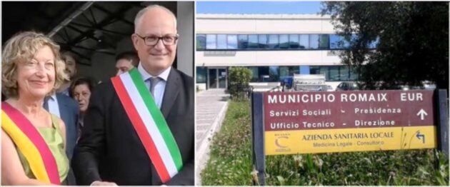 Da sinistra, Titti di Salvo, mini-sindaca del IX Municipio di Roma e il sindaco di Roma Roberto Gualtieri, l'ingresso del IX Municipio di Roma