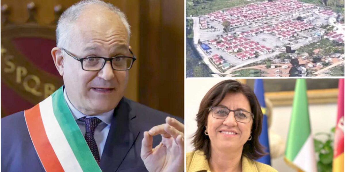 Da sinistra, in senso orario, il sindaco di Roma Roberto Gualtieri, il campo rom di Castel Romani, l'assessore ai Servizi Sociali Barbara Funari