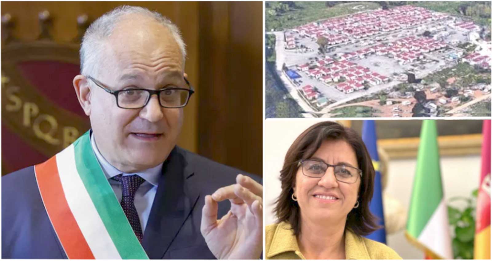 Da sinistra, in senso orario, il sindaco di Roma Roberto Gualtieri, il campo rom di Castel Romani, l'assessore ai Servizi Sociali Barbara Funari