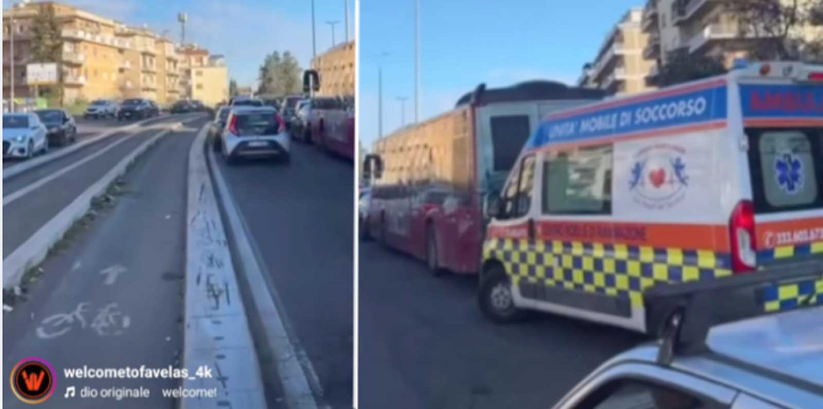 Due immagini di Welcome to favelas con una autoambulanza ferma nel traffico e la ciclabile libera