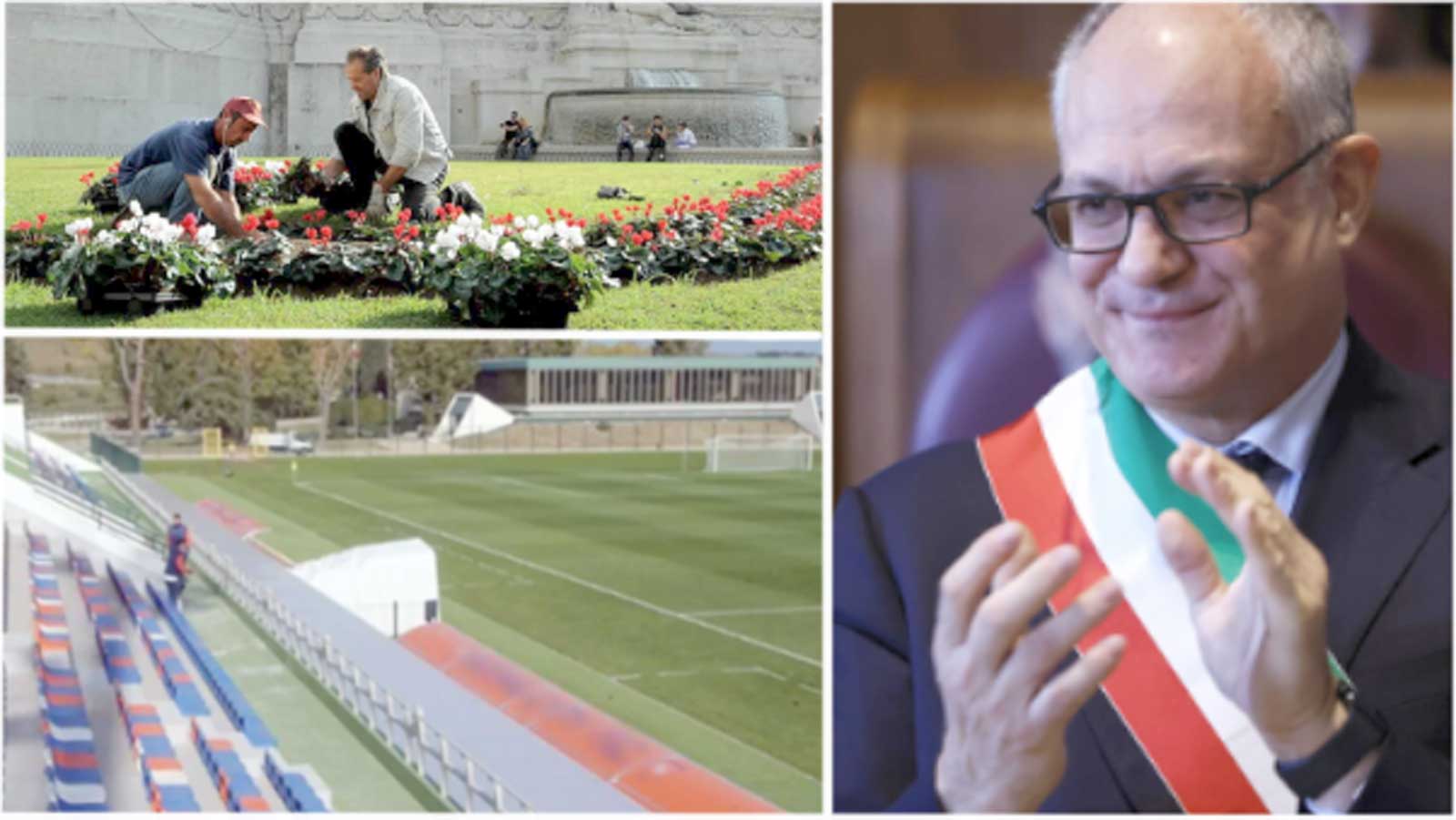 A destra, il sindaco di Roma Roberto Gualtieri, a sinistra in alto una aiuola a piazza Venezia, sotto un impianto sportivo capitolino