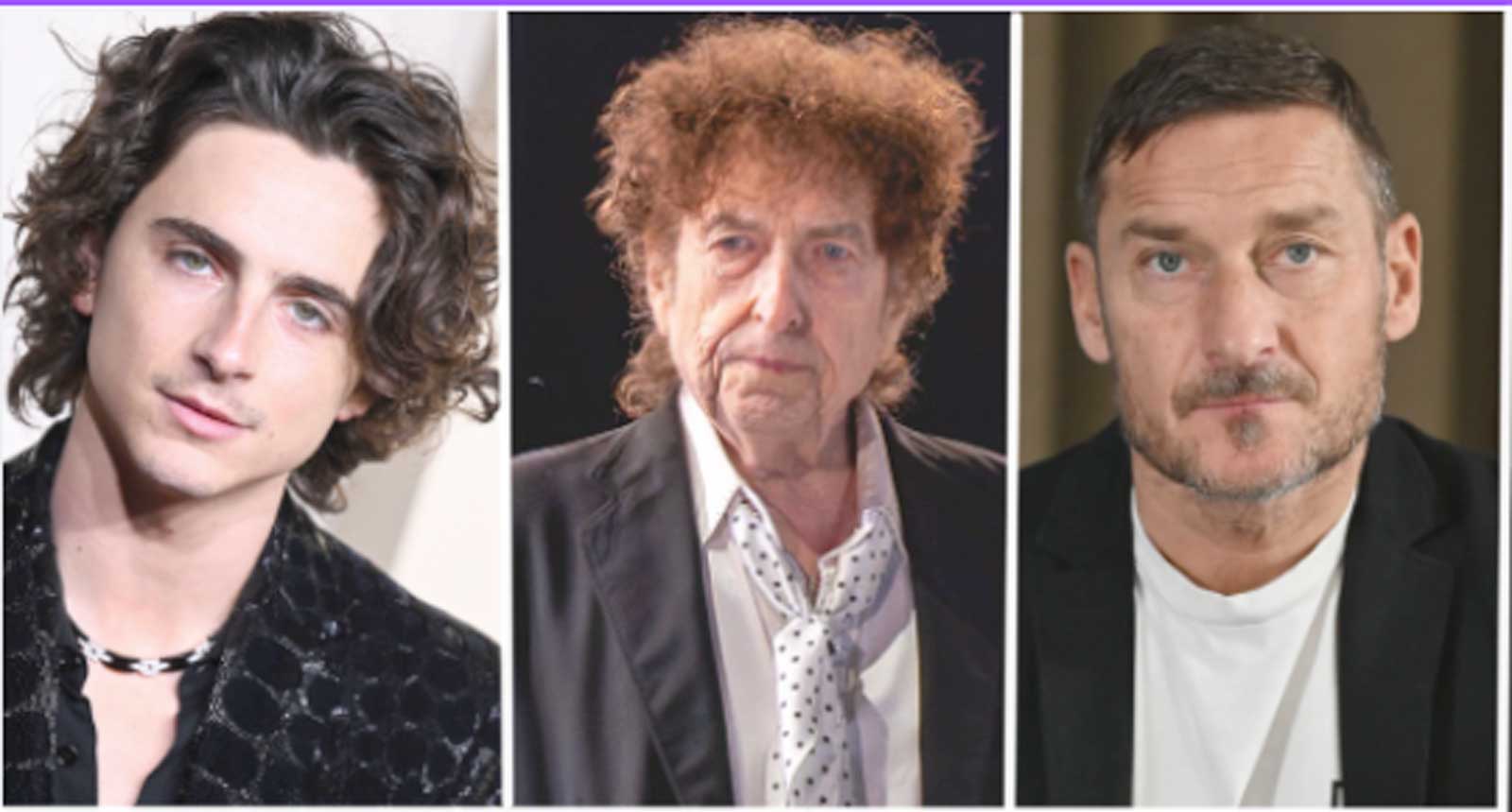 Roma, da sinistra, Timothée Chalamet, Bob Dylan e Francesco Totti