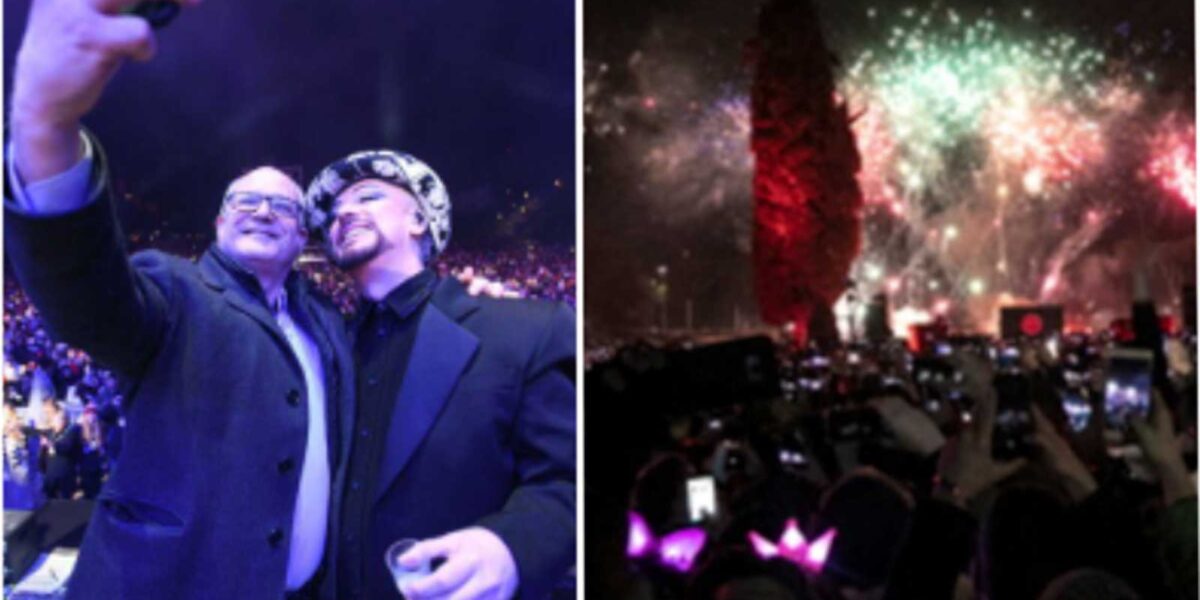 A sinistra, il sindaco con un cantante al concerto del Circo Massimo di Roma, a destra i fuochi d'artificio a fine concerto