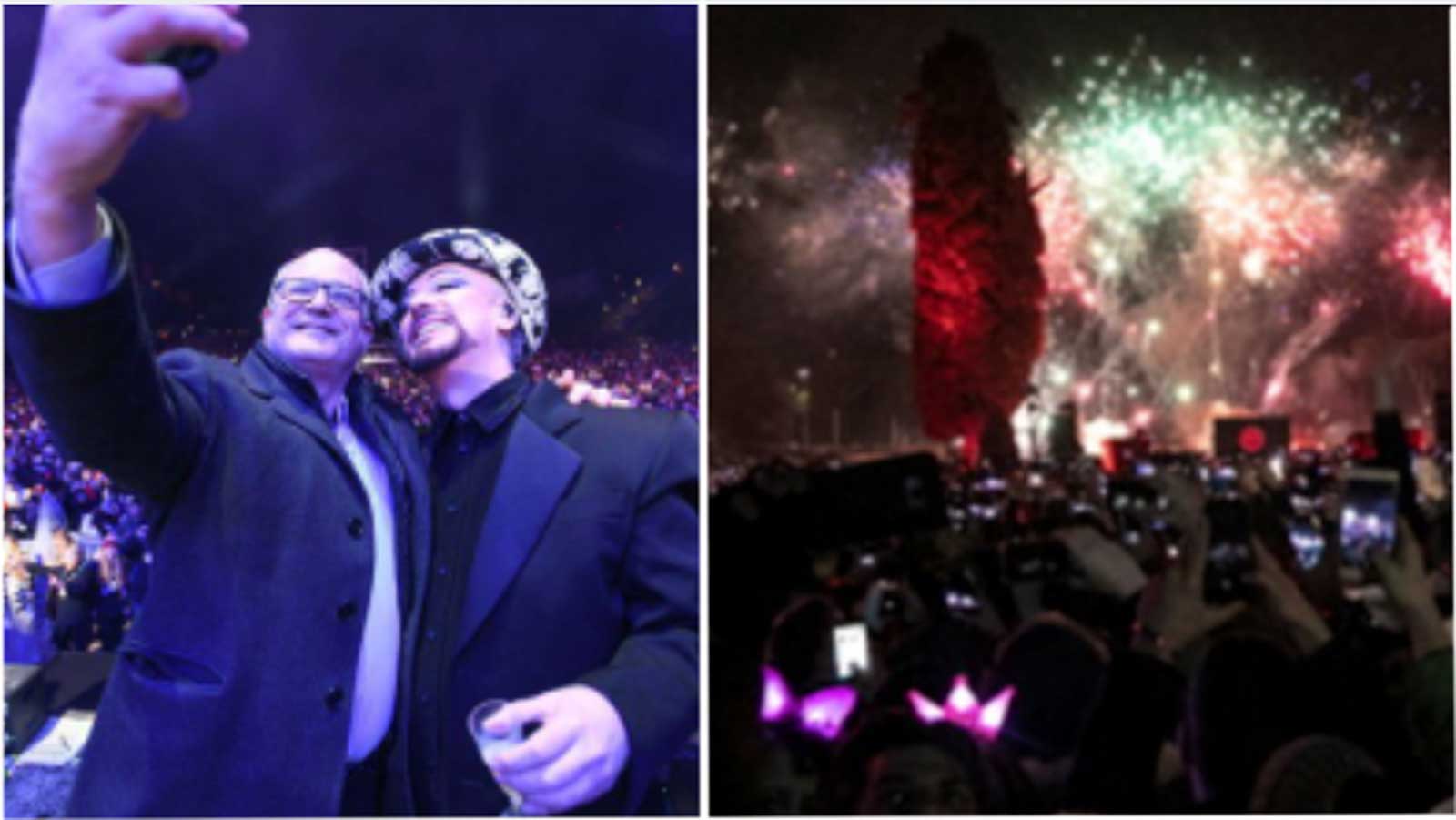 A sinistra, il sindaco con un cantante al concerto del Circo Massimo di Roma, a destra i fuochi d'artificio a fine concerto