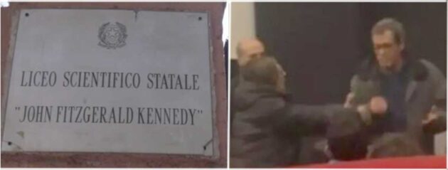 A sinistra, la targa del liceo Kennedy, a destra la lite tra i due prof