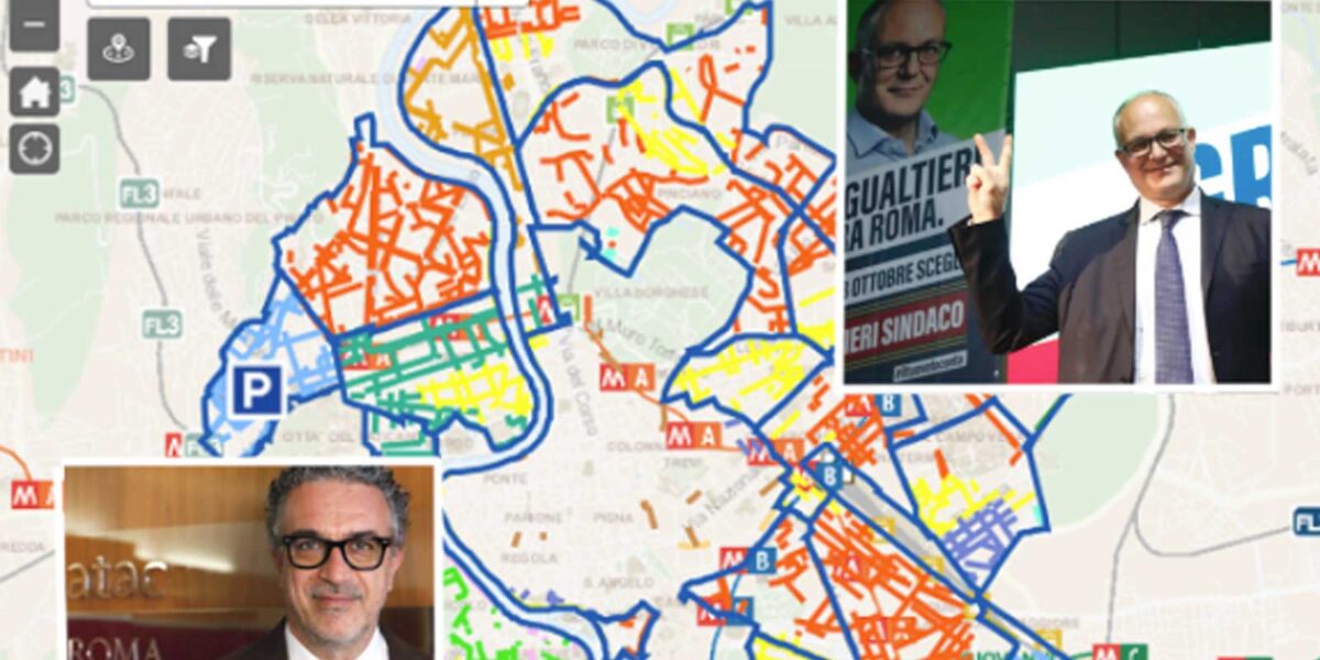 Roma, mappa dei parcheggi a pagamento di Roma gestiti da Atac fino al 2027, in sovrimpressione il sindaco Roberto Gualtieri e il presidente del CDA di Atac Giovanni Mottura