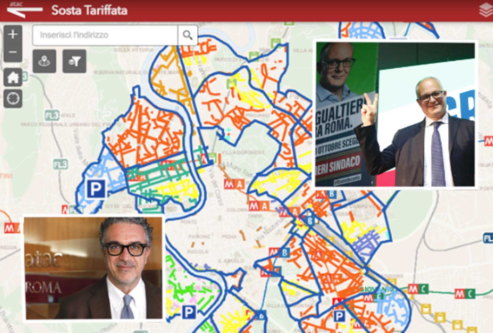 Roma, mappa dei parcheggi a pagamento di Roma gestiti da Atac fino al 2027, in sovrimpressione il sindaco Roberto Gualtieri e il presidente del CDA di Atac Giovanni Mottura