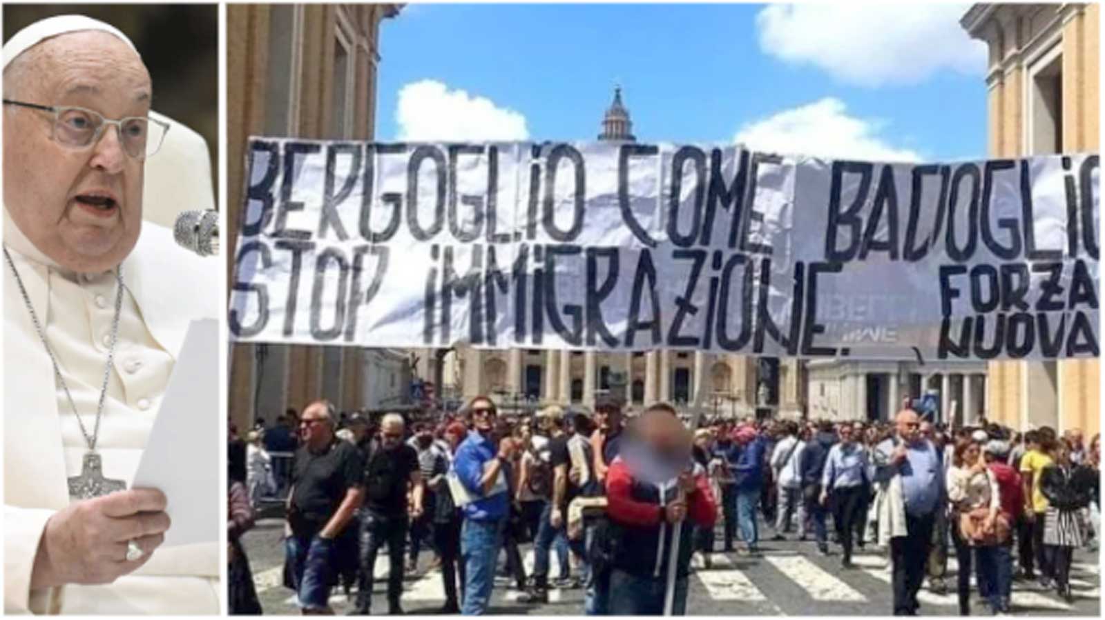 A sinistra, Papa Francesco, a destra lo striscione dei militanti di Forza Nuova