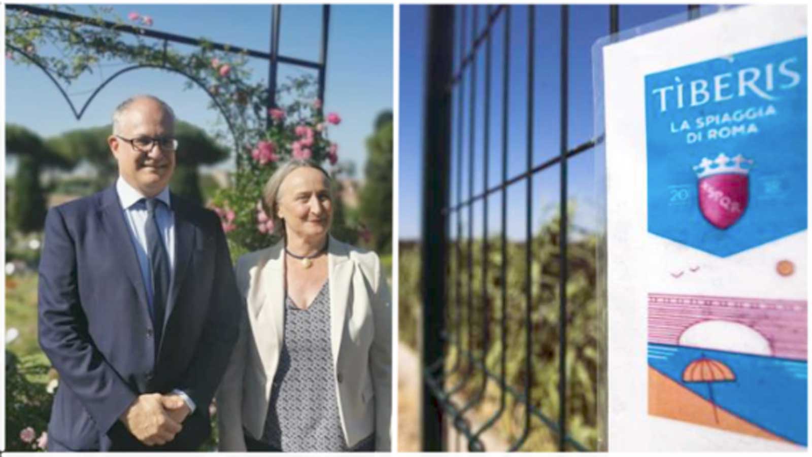 Da sinistra, il sindaco Roberto Gualtieri e la sua assessora Sabrina Alfonsi, a destra l'ingresso della 'spiaggia' Tiberis, che presto diverrà un parco d'affaccio