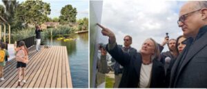 Da sinistra, il rendering del parco d'affaccio sul Tevere, a destra il sindaco/Commissario Roberto Gualtieri e la sua assessora Sabrina Alfonsi