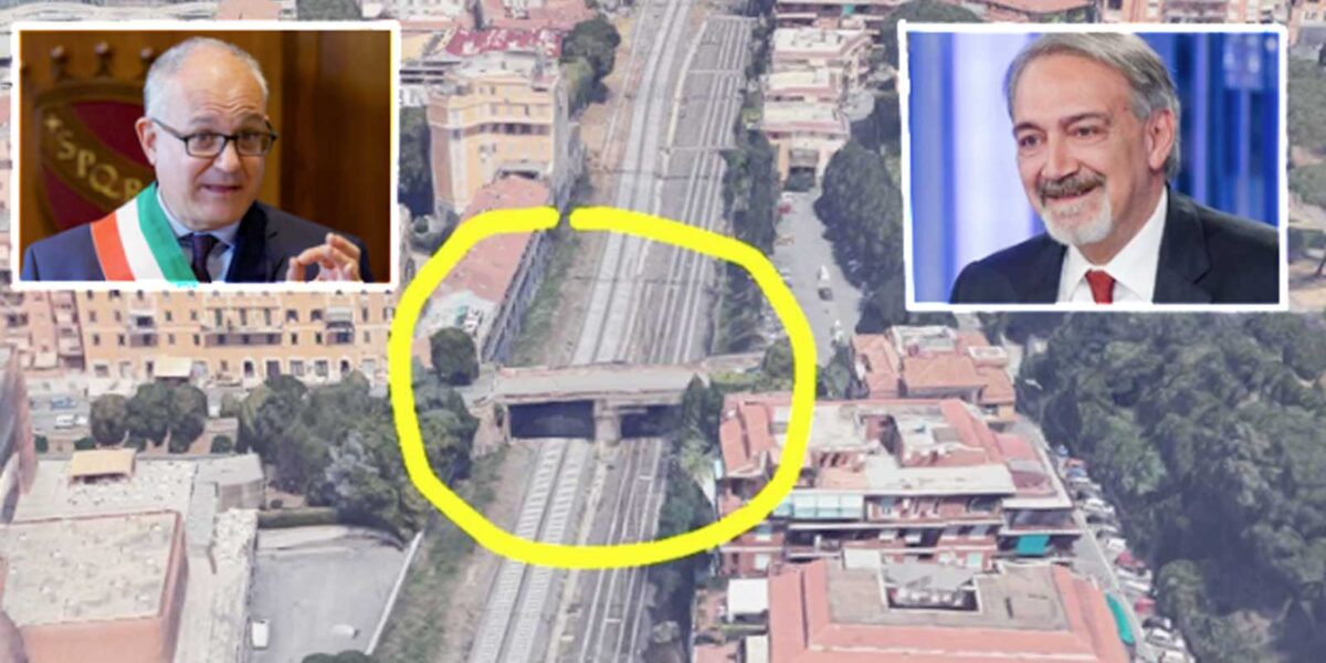 Roma Lido, il ponte che verrà ristrutturato, in sovraimpressione il sindaco di Roma Roberto Gualtieri e il governatore del Lazio Francesco Rocca