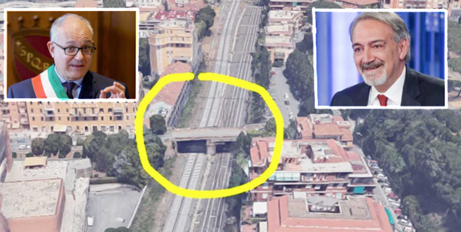 Roma Lido, il ponte che verrà ristrutturato, in sovraimpressione il sindaco di Roma Roberto Gualtieri e il governatore del Lazio Francesco Rocca