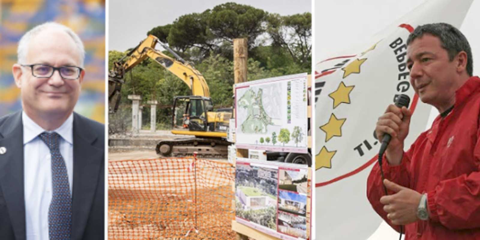 Da sinistra, il sindaco di Roma Roberto Gualtieri, l'ecomostro di Labaro - Colli D'Oro, l'eurodeputato Dario Tamburrano