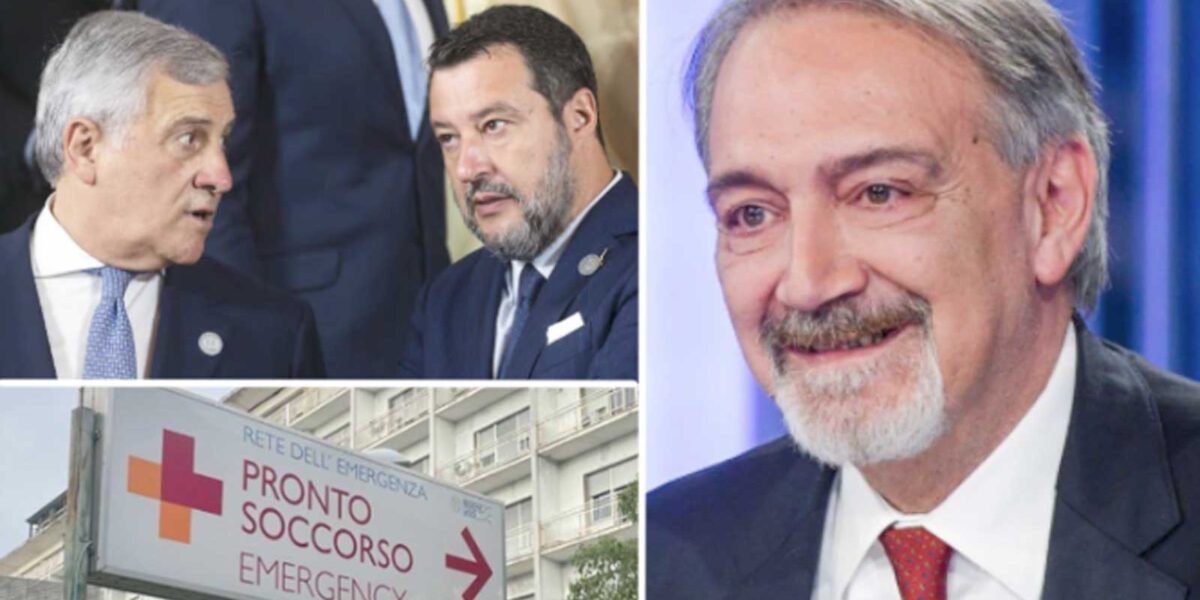 Da sinistra, in alto, Tajani e Salvini, il governatore del Lazio e deleagto alla Sanità Francesco Rocca, l'insegna di un Pronto Soccorso regionale