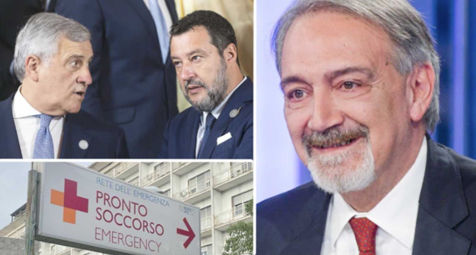 Da sinistra, in alto, Tajani e Salvini, il governatore del Lazio e deleagto alla Sanità Francesco Rocca, l'insegna di un Pronto Soccorso regionale