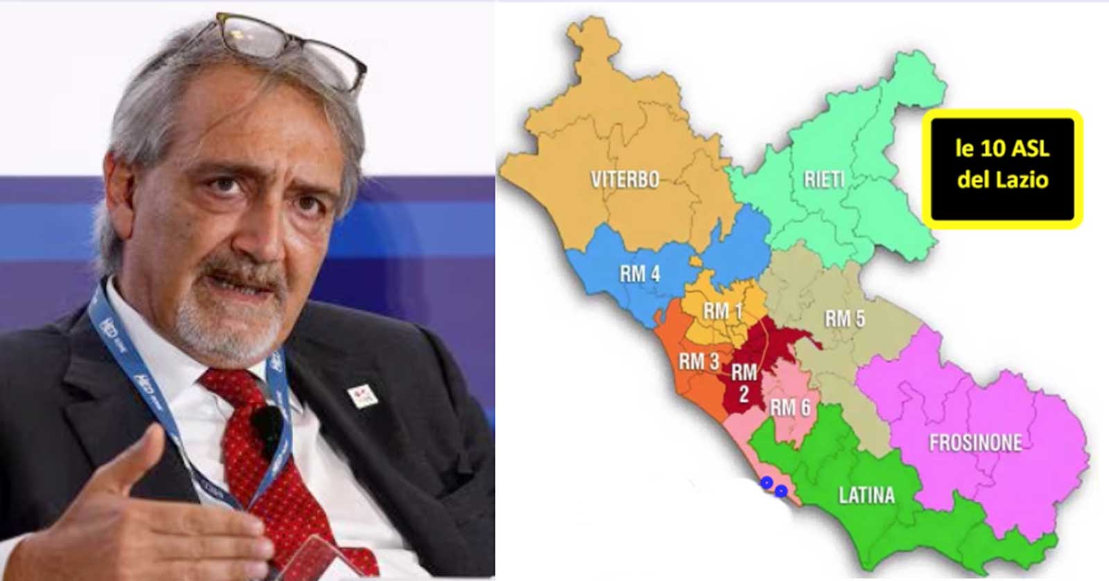 Da sinistra, il Governatore del Lazio Francesco Rocca la cartografia che indica i confini della 10 Aziende Sanitarie Locali della Regione Lazio a cui ora si aggiunge anche l'Azienda Lazio 0